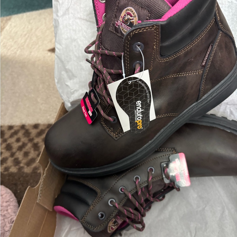Brahma Brown Lace-Up Work Boots with Pink Accents
